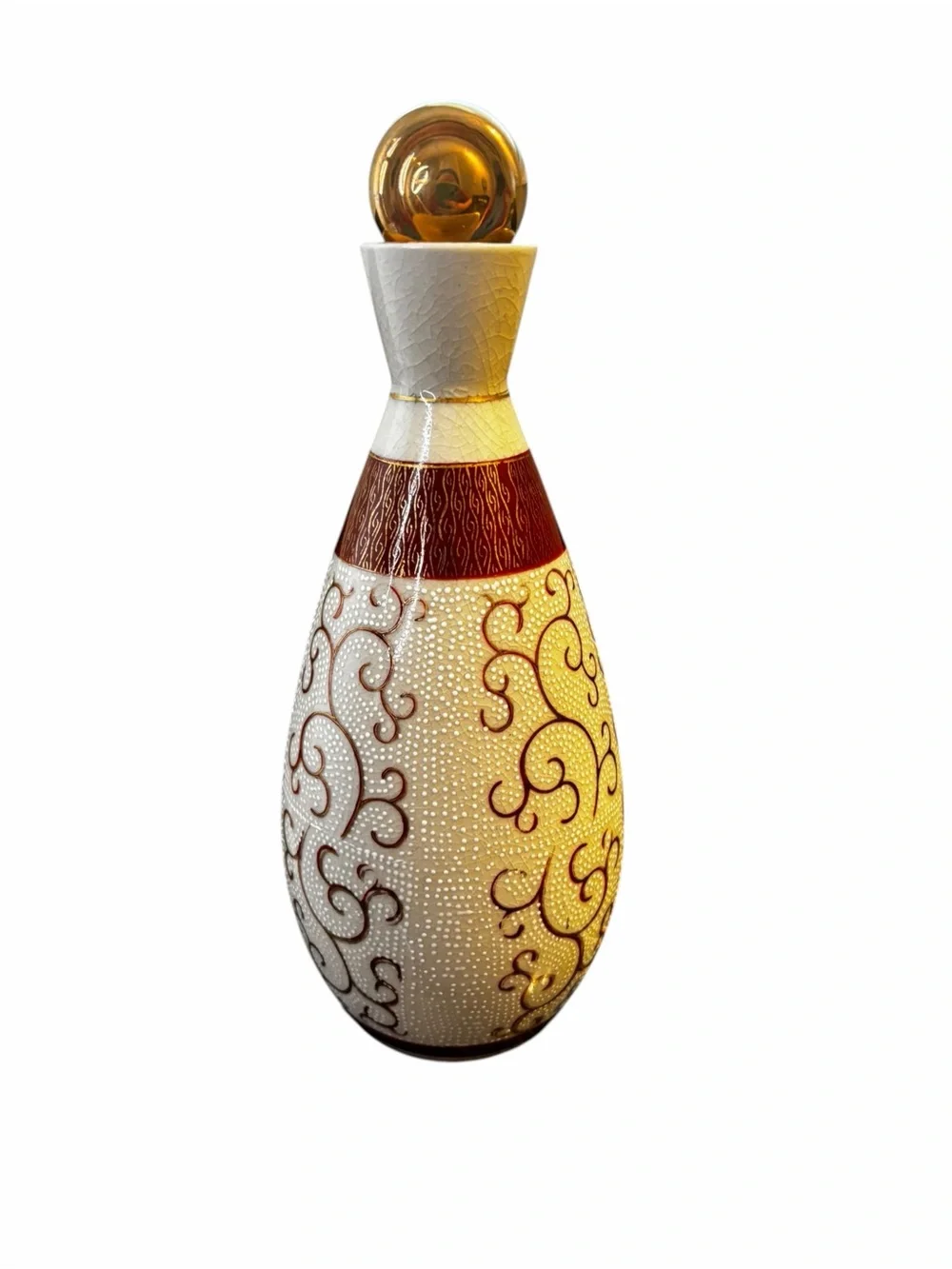 Vintage Japanese Porcelain Sake Bottle Decanter Gold Red Scroll Design 9”